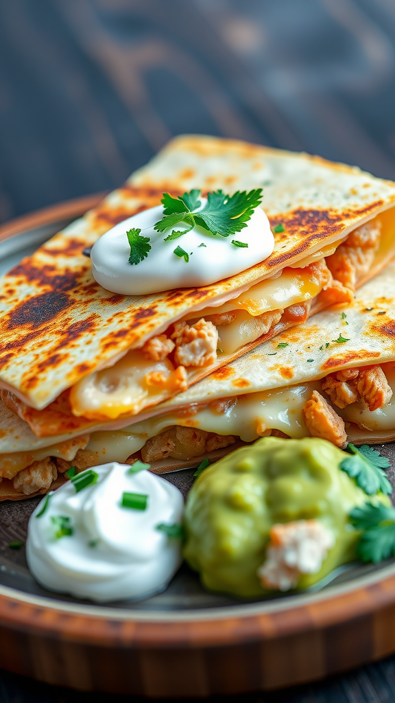 Delicious chicken quesadillas served with sour cream and guacamole
