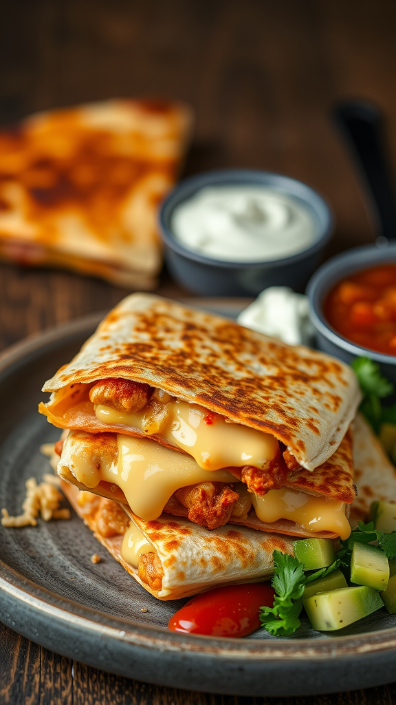 A plate of chicken quesadillas with melted cheese, salsa, and sour cream.