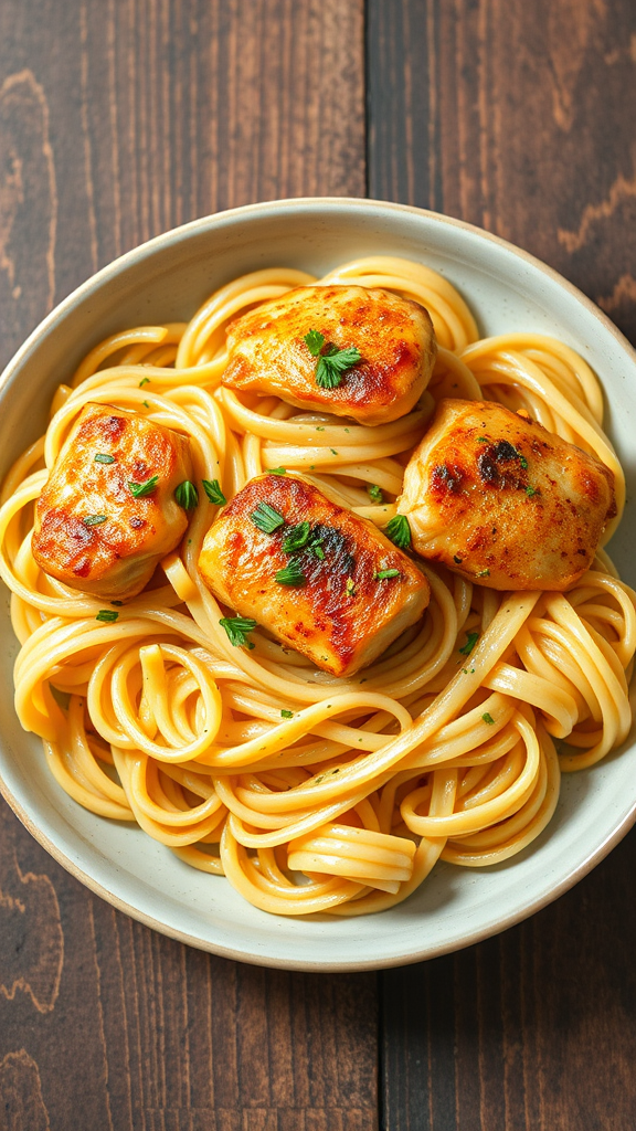 A bowl of Chicken Scampi with pasta and herbs