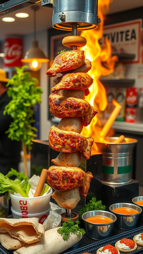 Delicious Chicken Shawarma on a vertical rotisserie with fresh ingredients and dipping sauces.