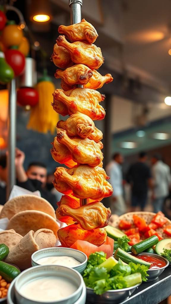 A vertical skewer of Chicken Shawarma with pita bread and fresh vegetables on a platter.