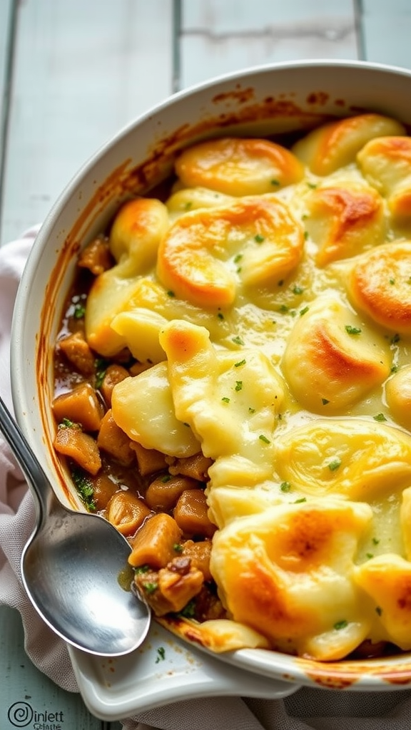 A golden Chicken Shepherd’s Pie with a creamy mashed potato topping and chicken filling.