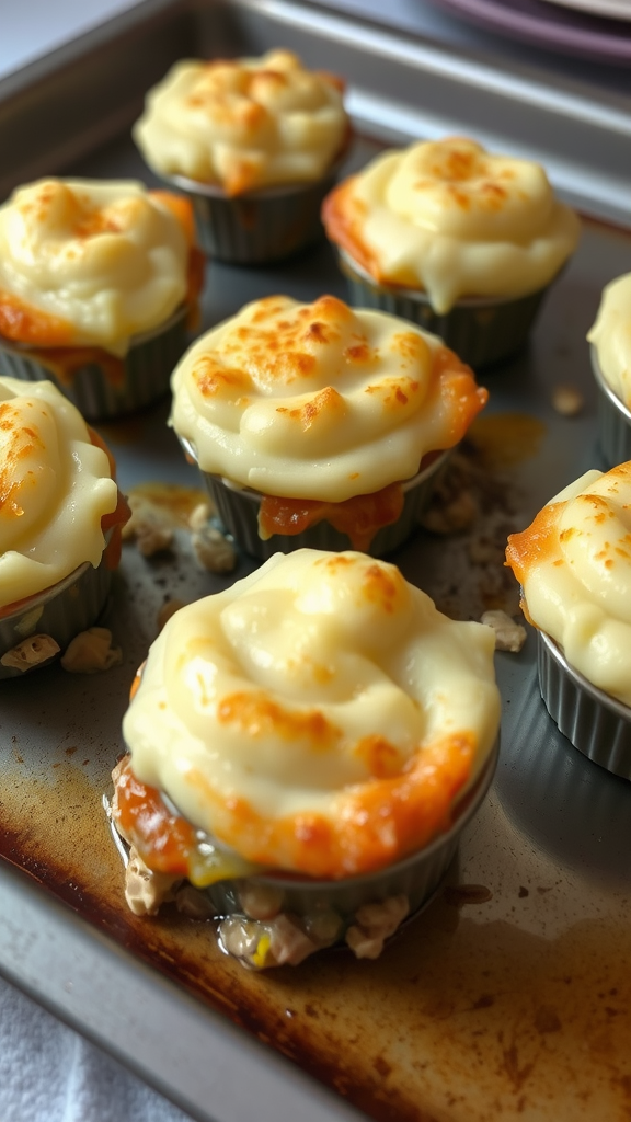 Individual Chicken Shepherd's Pies in ramekins topped with mashed potatoes