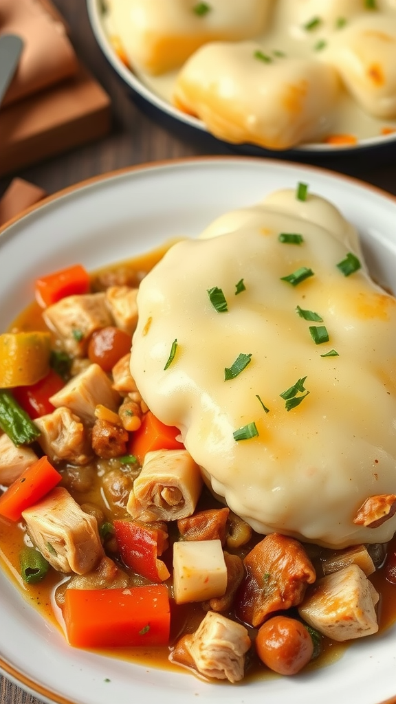 A delicious serving of Chicken Shepherd's Pie with golden mashed potato topping and colorful vegetables.