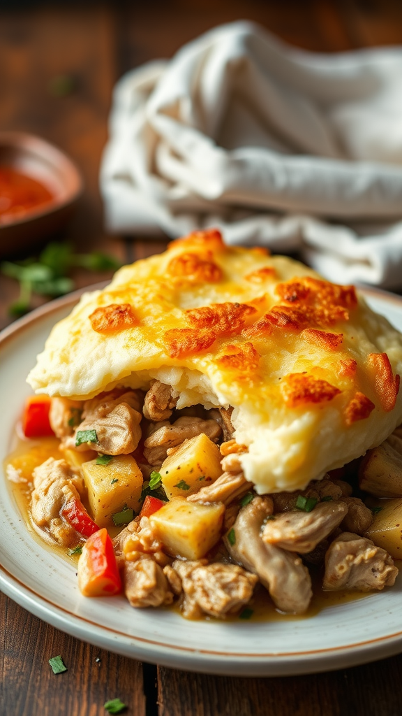 A serving of Chicken Shepherd's Pie with a golden mashed potato topping, showcasing tender chicken and colorful vegetables beneath.