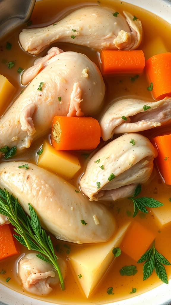 A bowl of chicken soup with chicken pieces, carrots, and herbs.