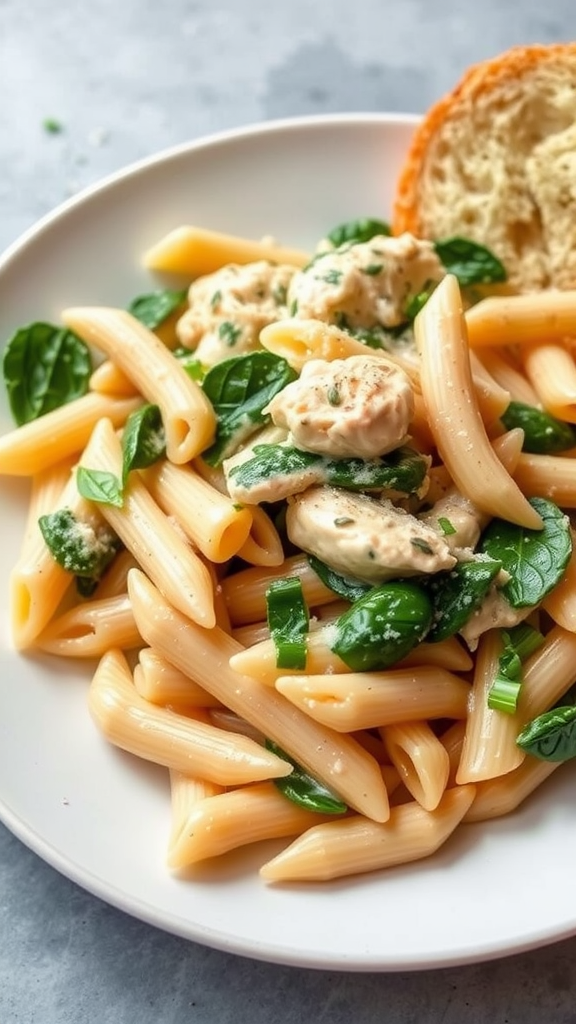 A plate of chicken spinach pasta with a slice of bread on the side.