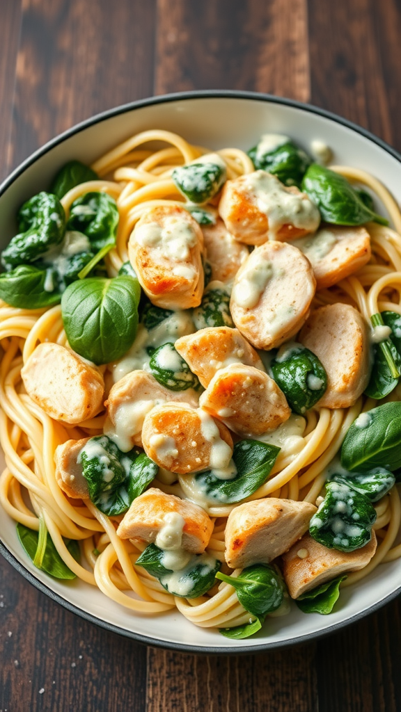 A bowl of Chicken Spinach Pasta with creamy sauce, tender chicken, and fresh spinach.