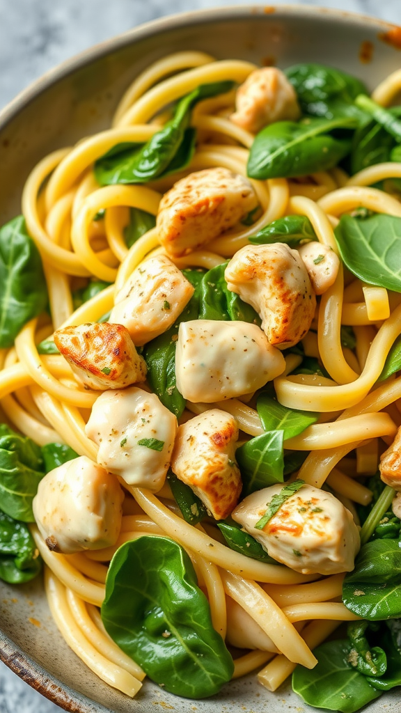 A bowl of Chicken Spinach Pasta with pieces of chicken and fresh spinach on top of spaghetti.