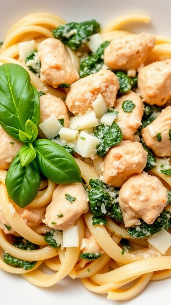 A plate of Chicken Spinach Pasta topped with fresh basil and cheese