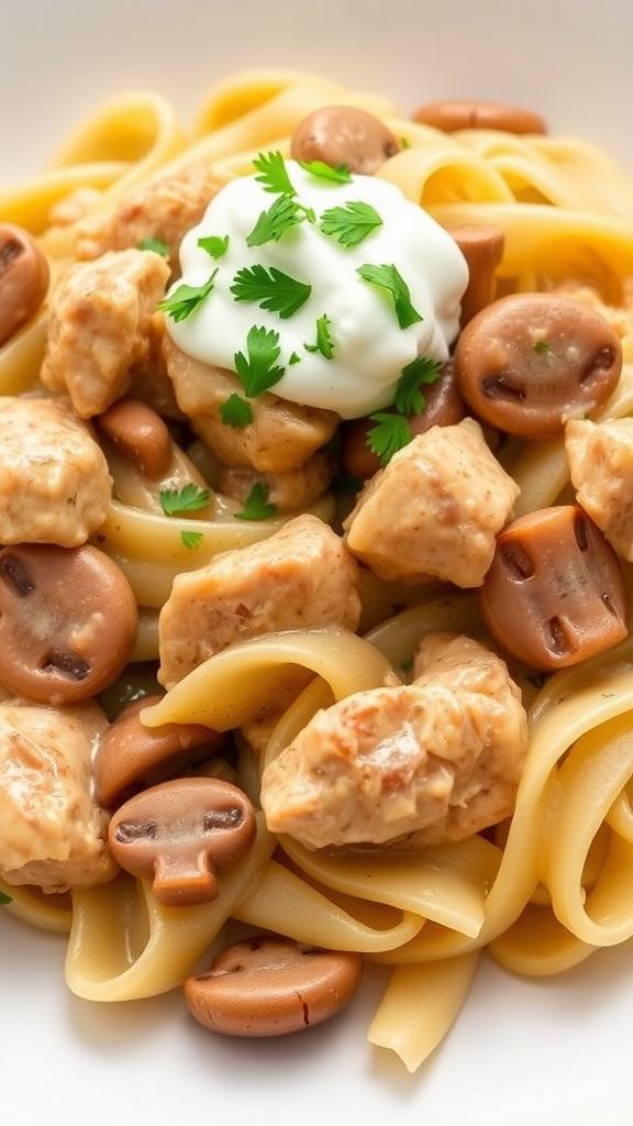 A plate of Chicken Stroganoff with fettuccine, chicken, mushrooms, and sour cream garnished with cilantro.