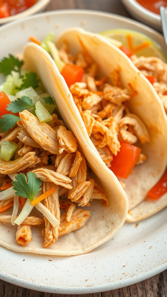Two chicken tacos filled with shredded chicken, lettuce, tomato, and garnished with cilantro.