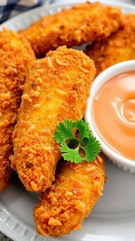 Crispy chicken tenders with a side of dipping sauce