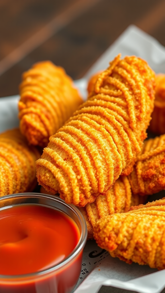 A close-up of crispy chicken tenders with a dipping sauce