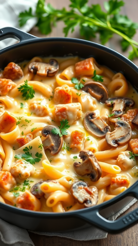 A delicious chicken tetrazzini dish with pasta, mushrooms, and green parsley garnished on top.