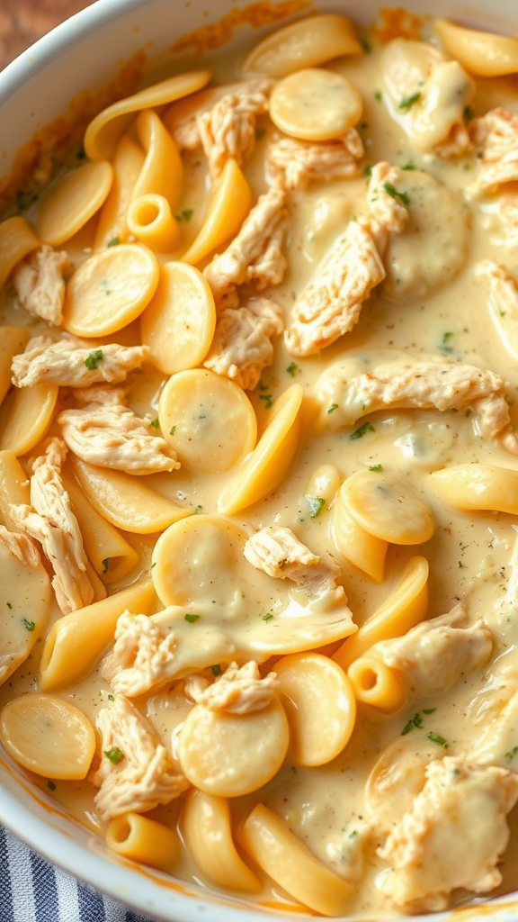 A bowl of creamy Chicken Tetrazzini with pasta and shredded chicken