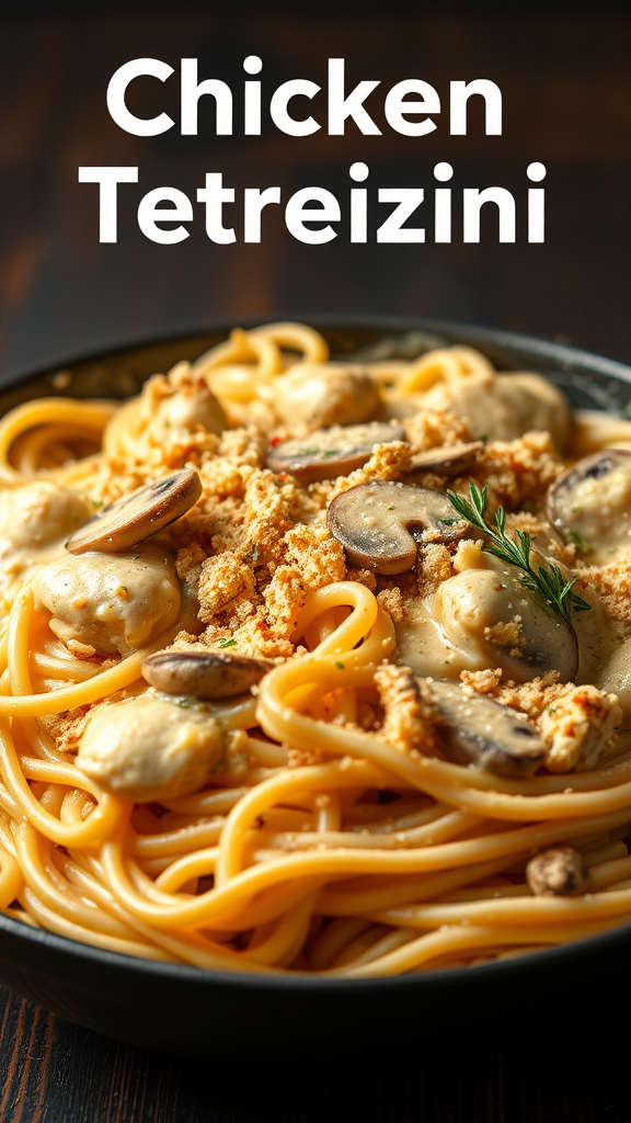 A bowl of Chicken Tetrazzini with pasta, mushrooms, and breadcrumbs