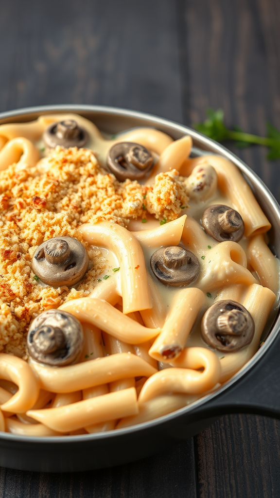 A delicious serving of Chicken Tetrazzini with pasta, mushrooms, and a crispy topping