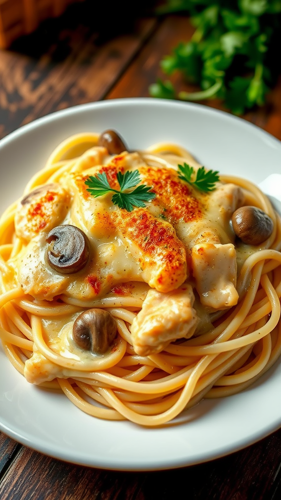 A plate of chicken tetrazzini with pasta, topped with herbs and mushrooms