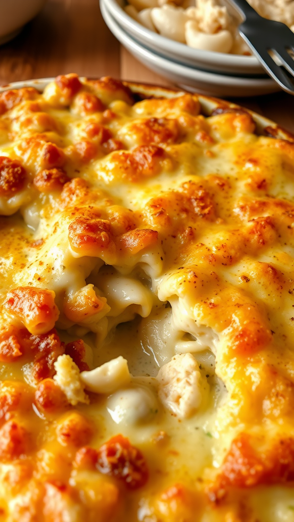 A close-up of a golden-brown Chicken Tetrazzini Bake, with melted cheese and pasta visible in a baking dish.