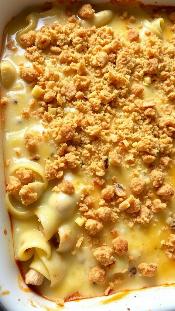 A baked Chicken Tetrazzini Casserole topped with crunchy breadcrumbs.