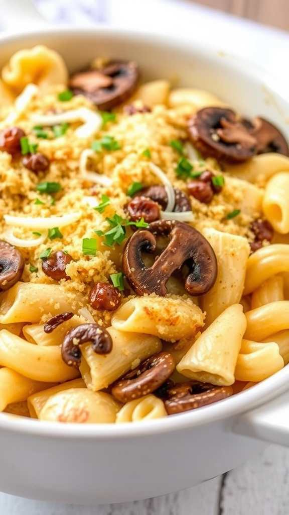 A close-up of Chicken Tetrazzini casserole with pasta, mushrooms, and breadcrumbs