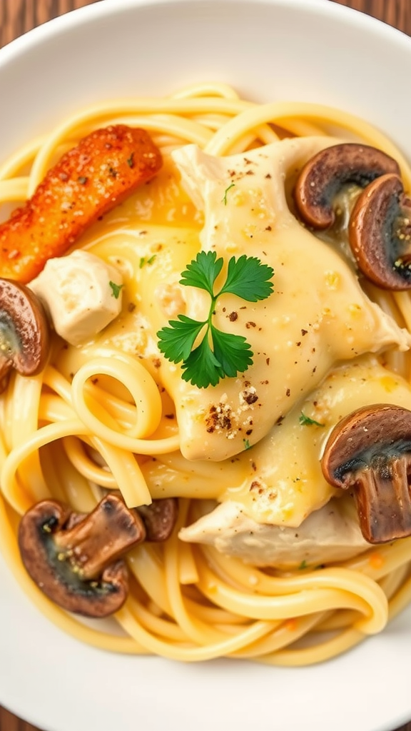 A bowl of Chicken Tetrazzini with spaghetti, chicken, mushrooms, and a creamy sauce, garnished with parsley.