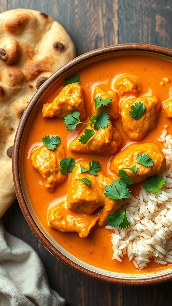 Bowl of Chicken Tikka Masala with rice and naan