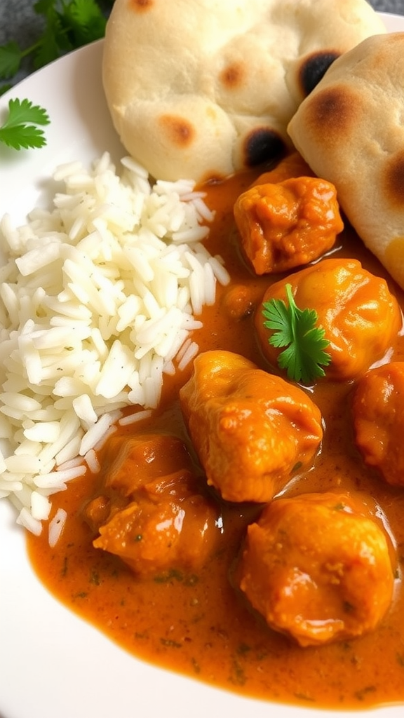 A plate of Chicken Tikka Masala with naan and rice.