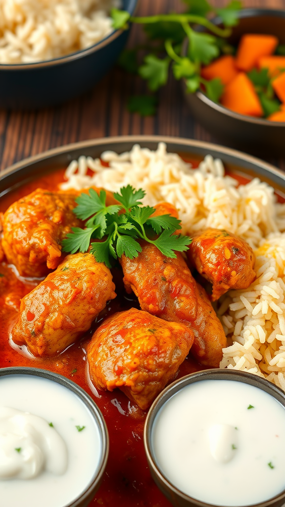 A serving of Chicken Tikka Masala with rice and dipping sauces on a wooden table