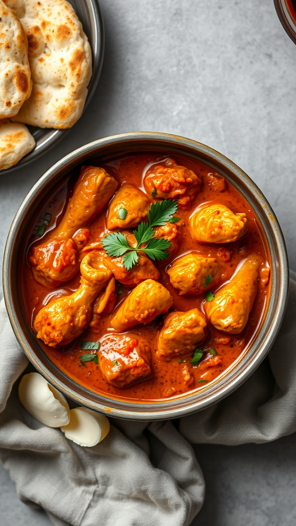 A bowl of Chicken Tikka Masala with naan bread on the side.