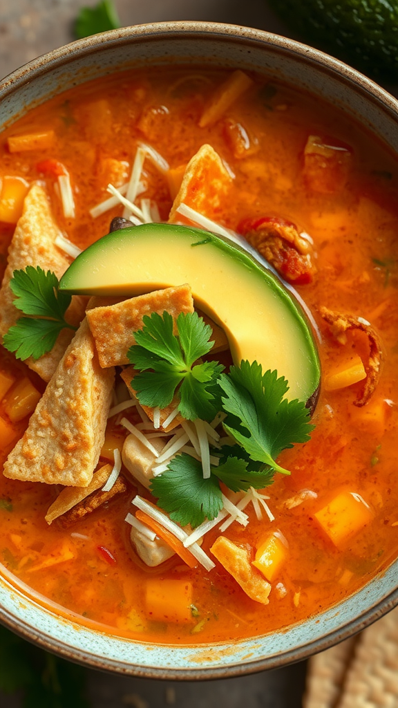 A bowl of Chicken Tortilla Soup with avocado, tortilla strips, and cilantro on top.