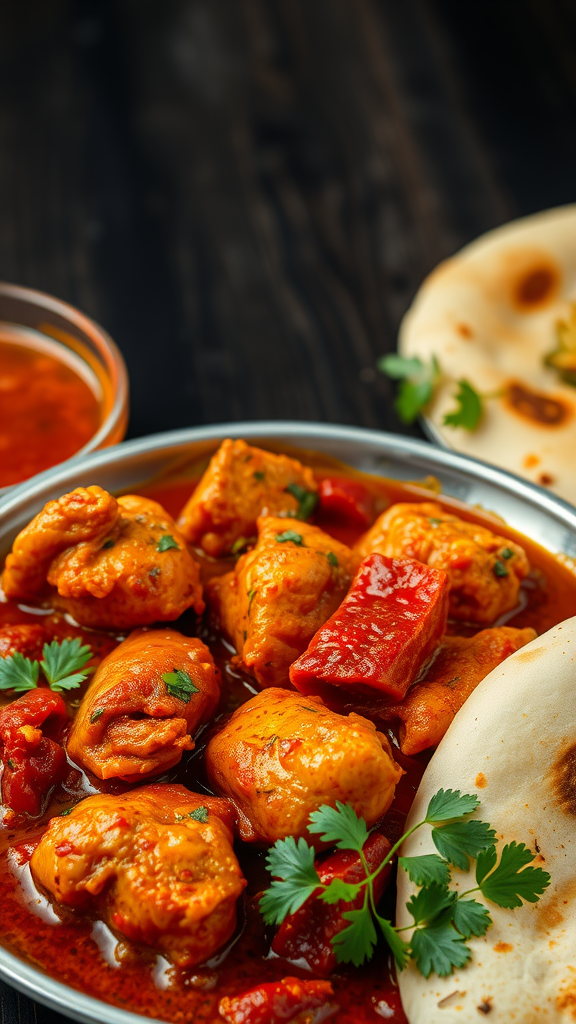 A close-up of Chicken Vindaloo served with naan on a silver plate.
