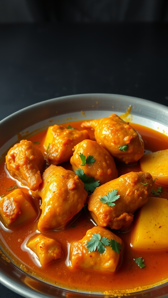 A bowl of Chicken Vindaloo with tender chicken pieces and potatoes in a rich, spicy sauce, garnished with fresh cilantro.