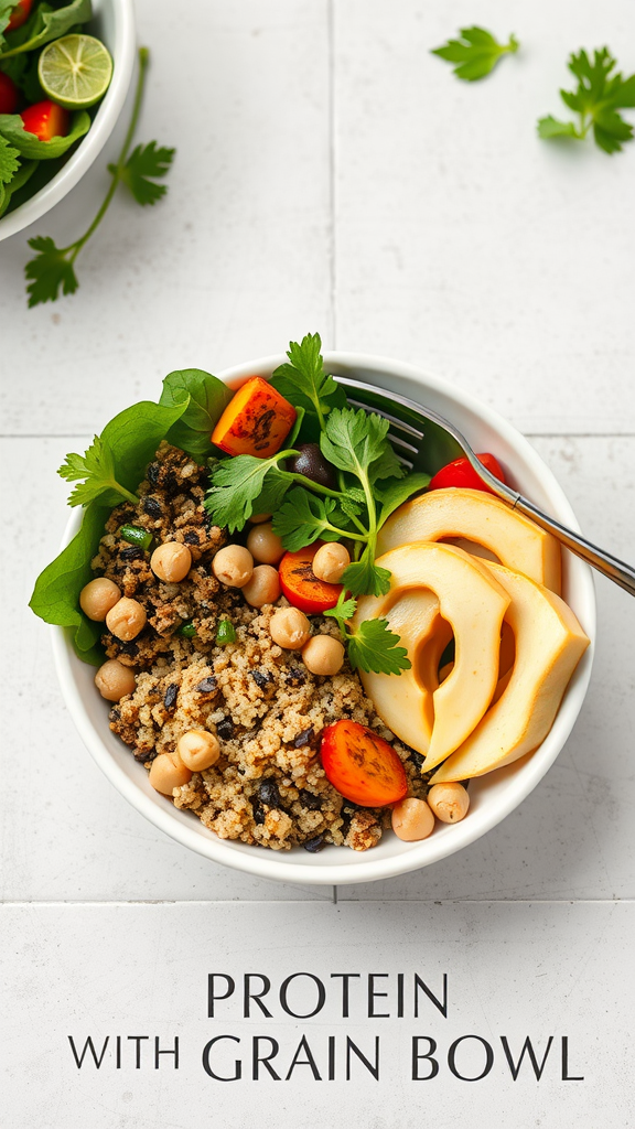 A colorful chickpea grain bowl with grains, chickpeas, cherry tomatoes, greens, and sliced pears.
