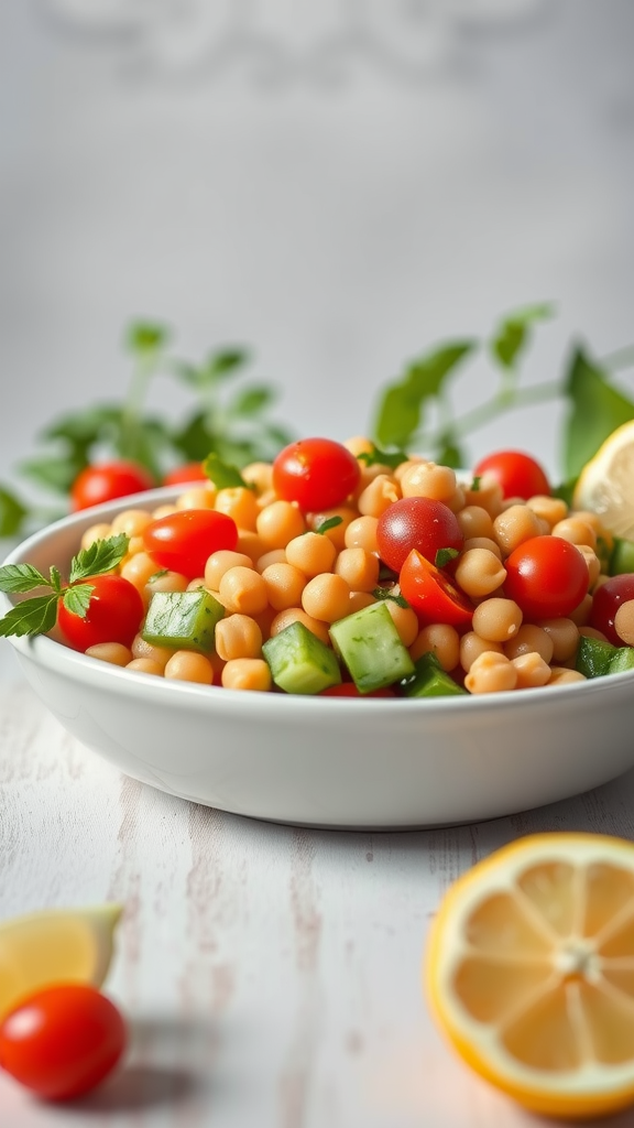 A vibrant chickpea salad with cherry tomatoes, cucumbers, and fresh herbs in a white bowl.