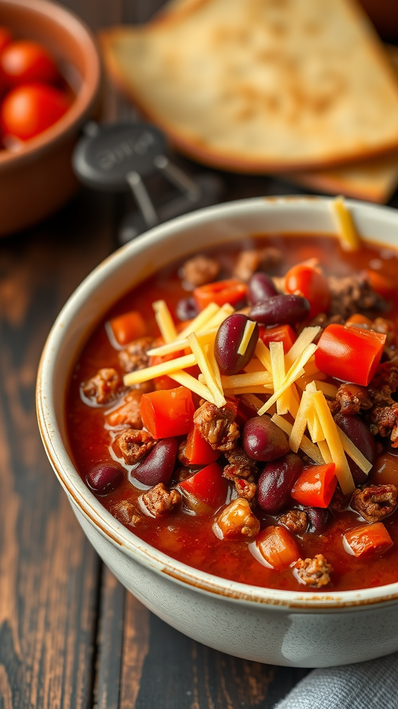 A bowl of colorful chili topped with shredded cheese and diced vegetables, with tortilla chips in the background.