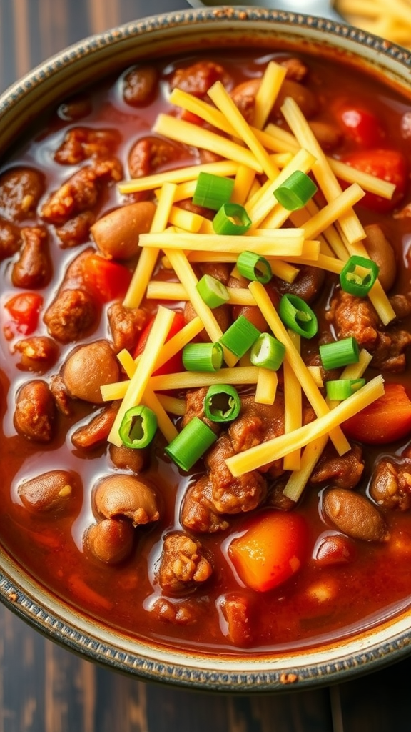 A bowl of chili topped with shredded cheese and green onions.