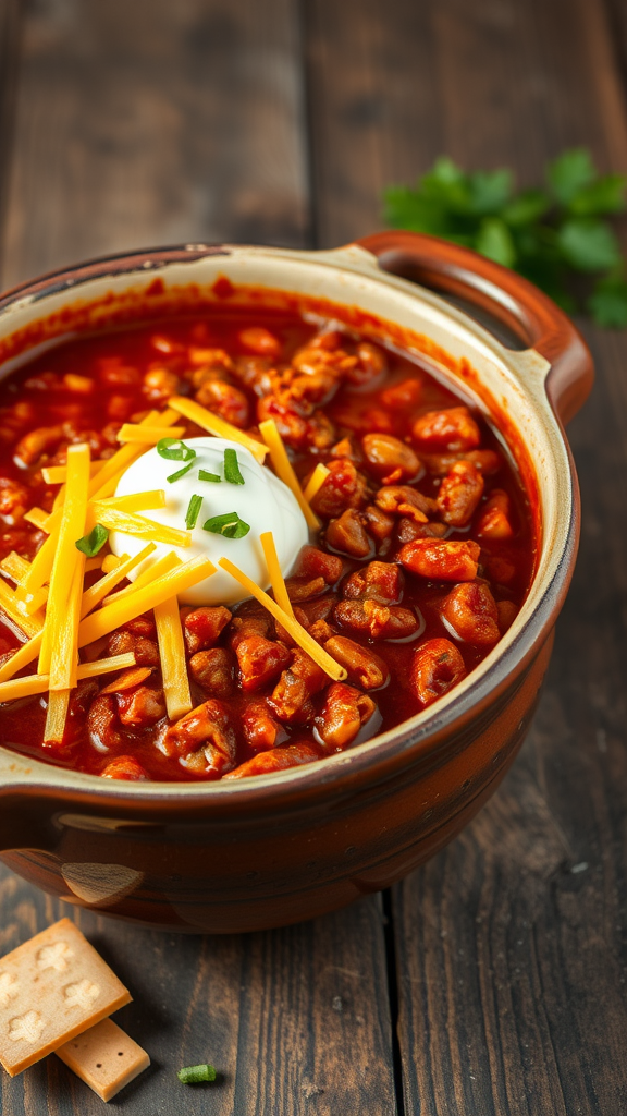 A bowl of chili con carne topped with shredded cheese and sour cream