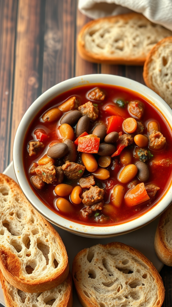 A bowl of chili con carne with bread slices on the side