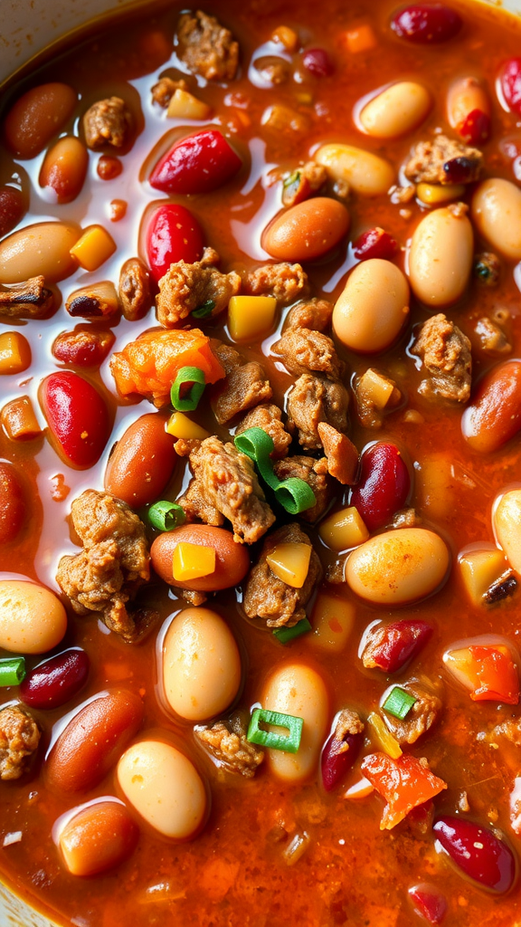 A close-up of a bowl of chili con carne, featuring beans, ground meat, and vegetables in a savory broth.