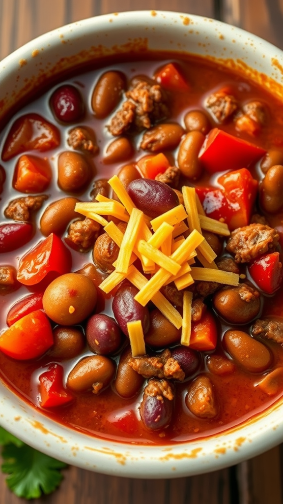 A bowl of chili con carne with beans, ground beef, and cheese.