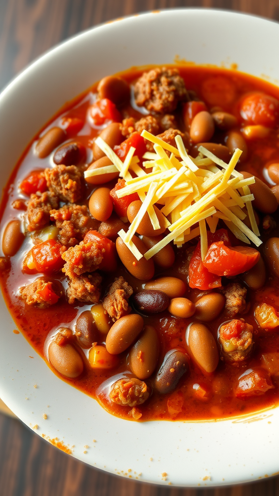 A bowl of chili con carne topped with shredded cheese