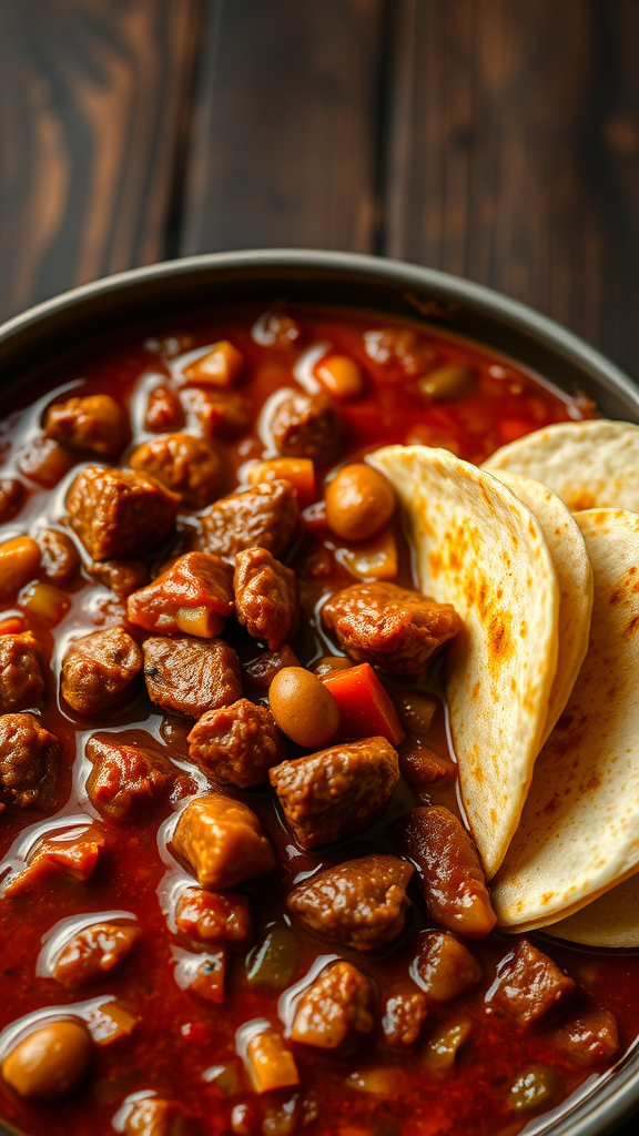 A bowl of chili con carne with tortillas.