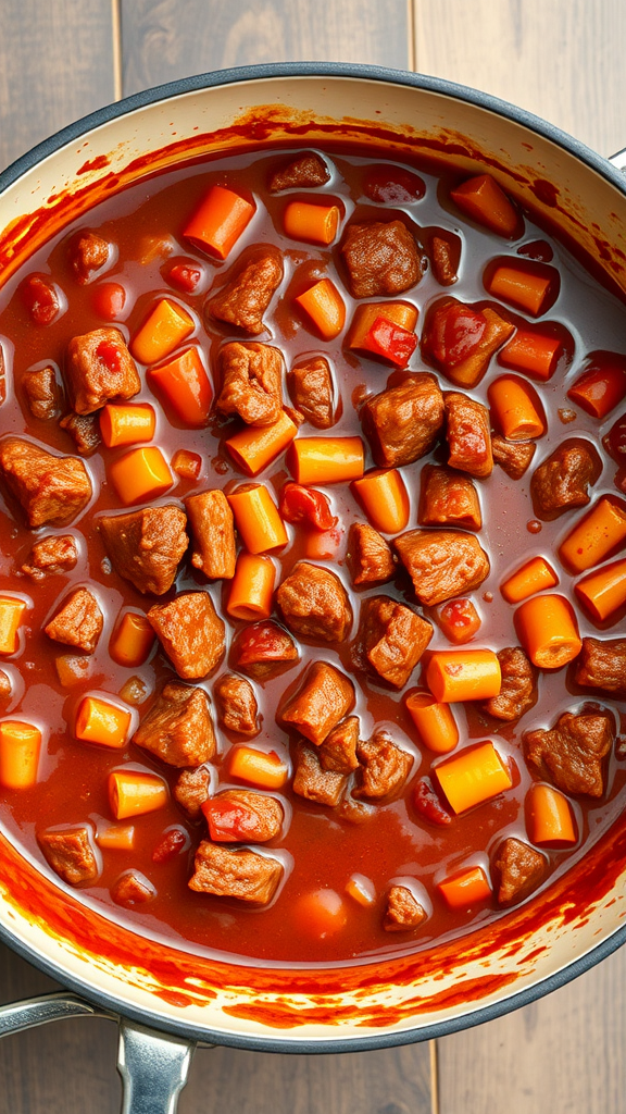 A pot of Chili Con Carne with chunks of meat and diced vegetables in a rich red sauce