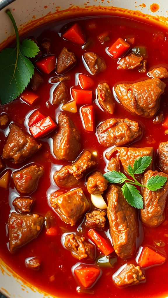 A pot of chili con carne with chunks of meat and colorful bell peppers in a rich red sauce.
