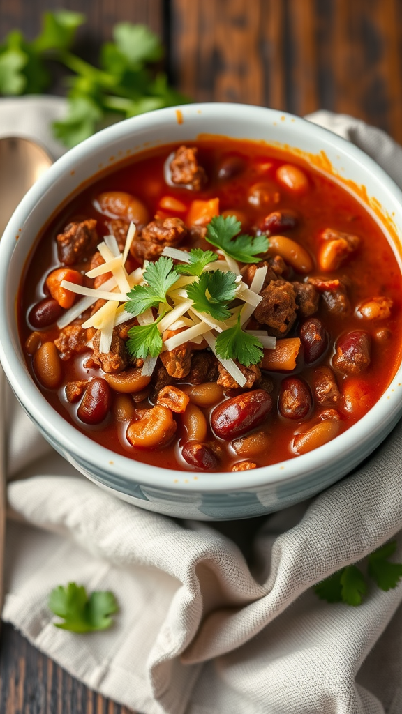 A bowl of chili con carne topped with cheese and cilantro on a wooden table