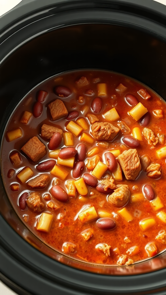 A close-up of Chili con Carne in a black crockpot, showcasing chunks of beef, kidney beans, and diced potatoes in a savory broth.