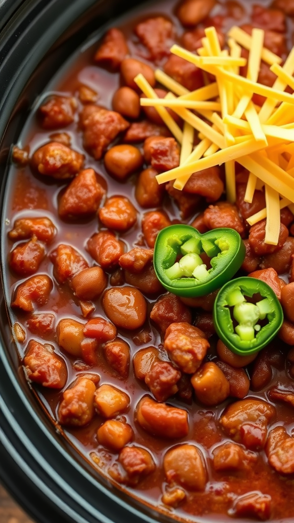 A hearty bowl of chili con carne in a crockpot, topped with jalapeños and shredded cheese.