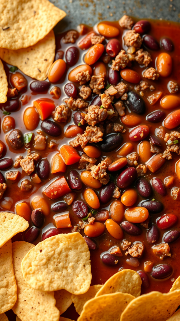 A close-up of chili con carne with beans and tortilla chips